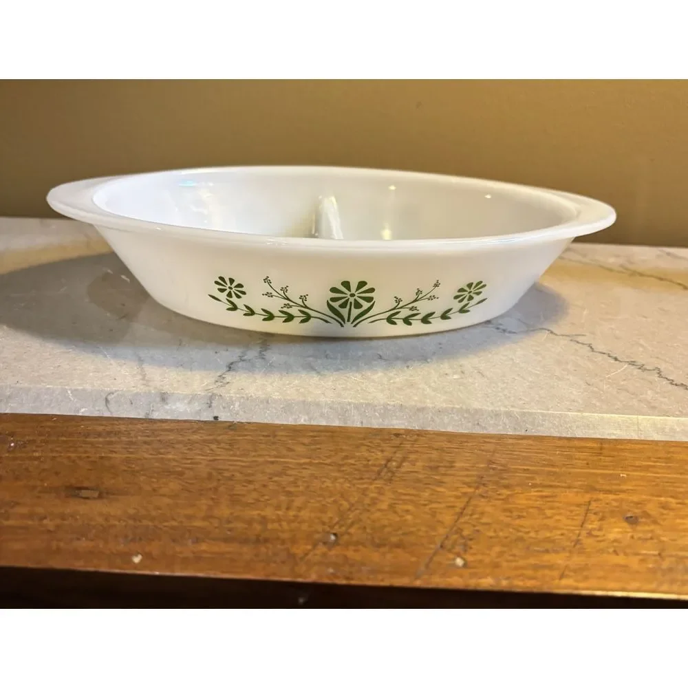 Glasbake Green Crazy Oval Divided Casserole Dish‎ J2352 MilkGlass Vintage